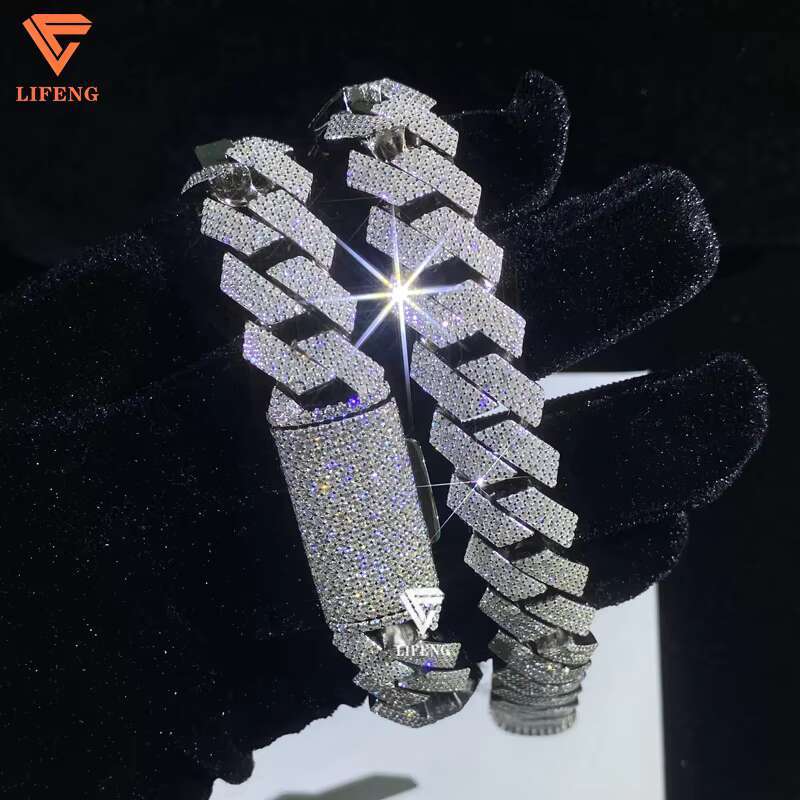 Lifeng Jewelry 15mm 4 Rows Diamond Cuban Link Bracelet Sterling Silver Solid VVS D Moissanite Hiphop Cuban Chain Bracelet