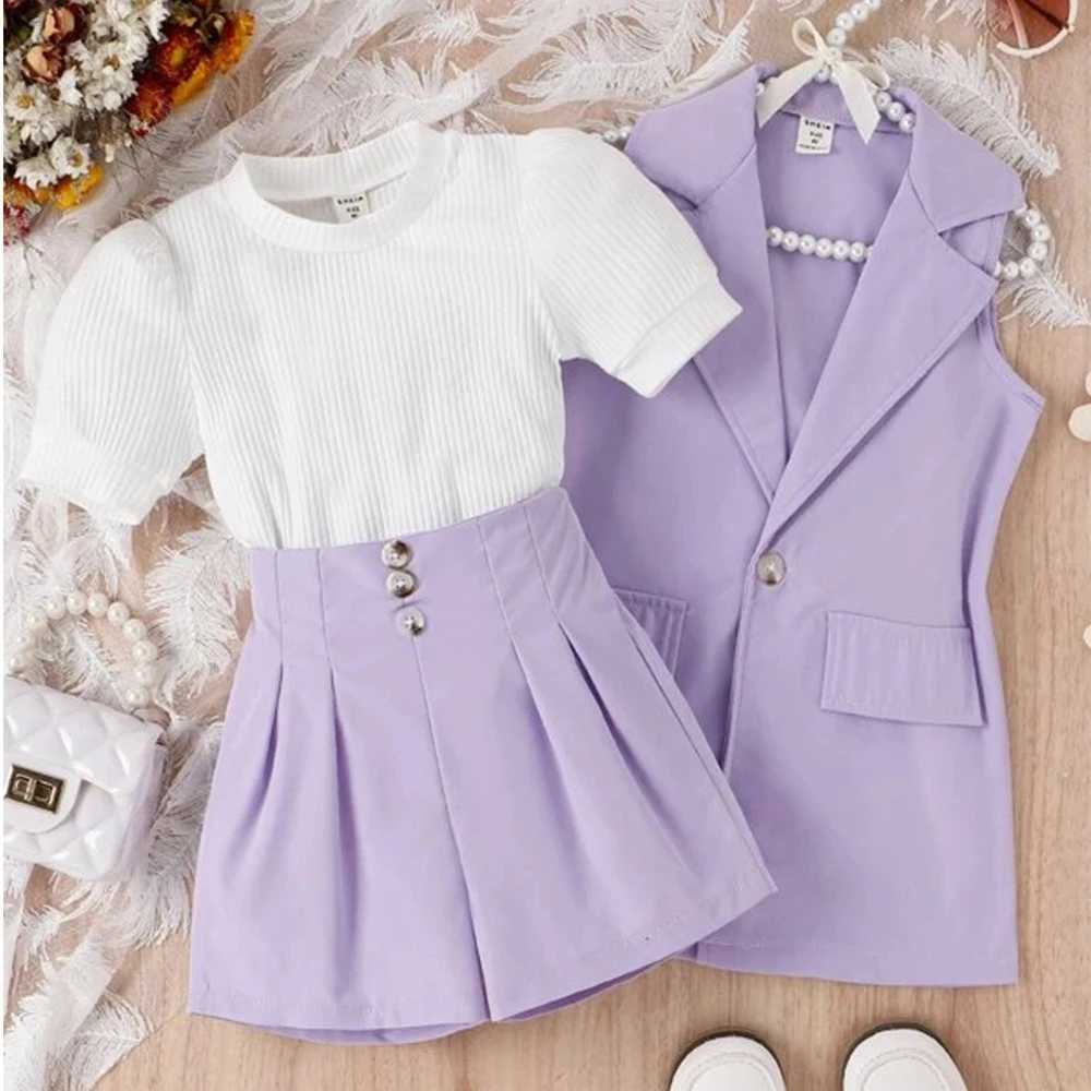 Professional summer womens collar jacket+fluffy sleeve T-shirt+high waisted shorts childrens clothing girl luxury setXJ250410