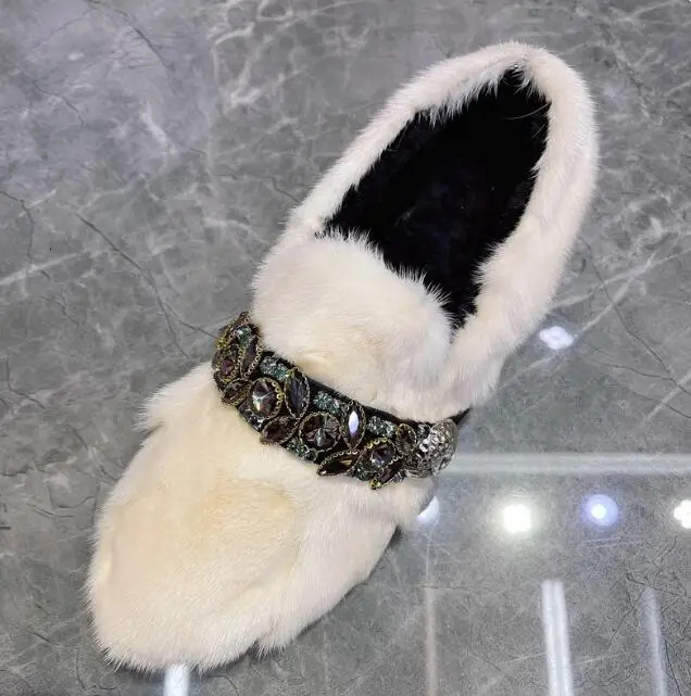 Winter Mink Fur Rhinestone Crystal Belt Flats Fur Shoes Slip On Full Fur Leisure Loafers Woman Warm Fur Shoes 251110