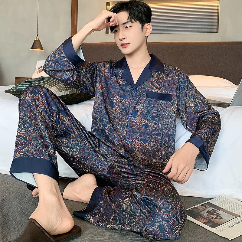High quality pajama set mens spring and autumn ice silk long sleeved mens pajamas summer slim fit fashionable pajama set 250408