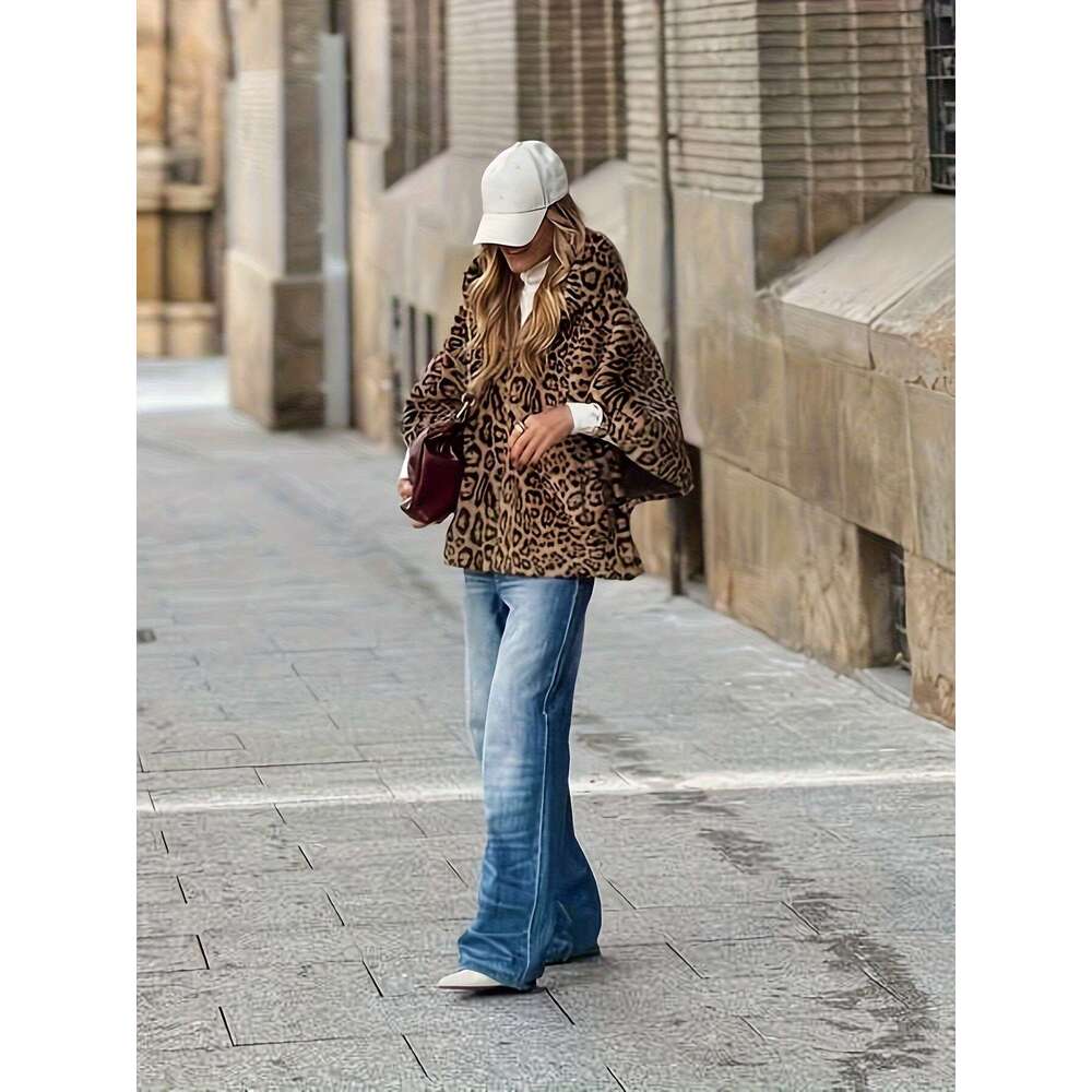 Women's - Long Sleeve Non-Stretch Elegant Zipper Closure Coat Everyday & Events, All-Season Chic Outerwear For Women, Leopard Print Jacket, Forma