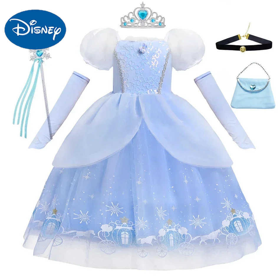 Disney Cinderella Princess Role Playing Dress Girl Childrens Ball Dress Glitter Carnival TUTU Puff Net Dress Birthday Gift Summer DressXJ250411