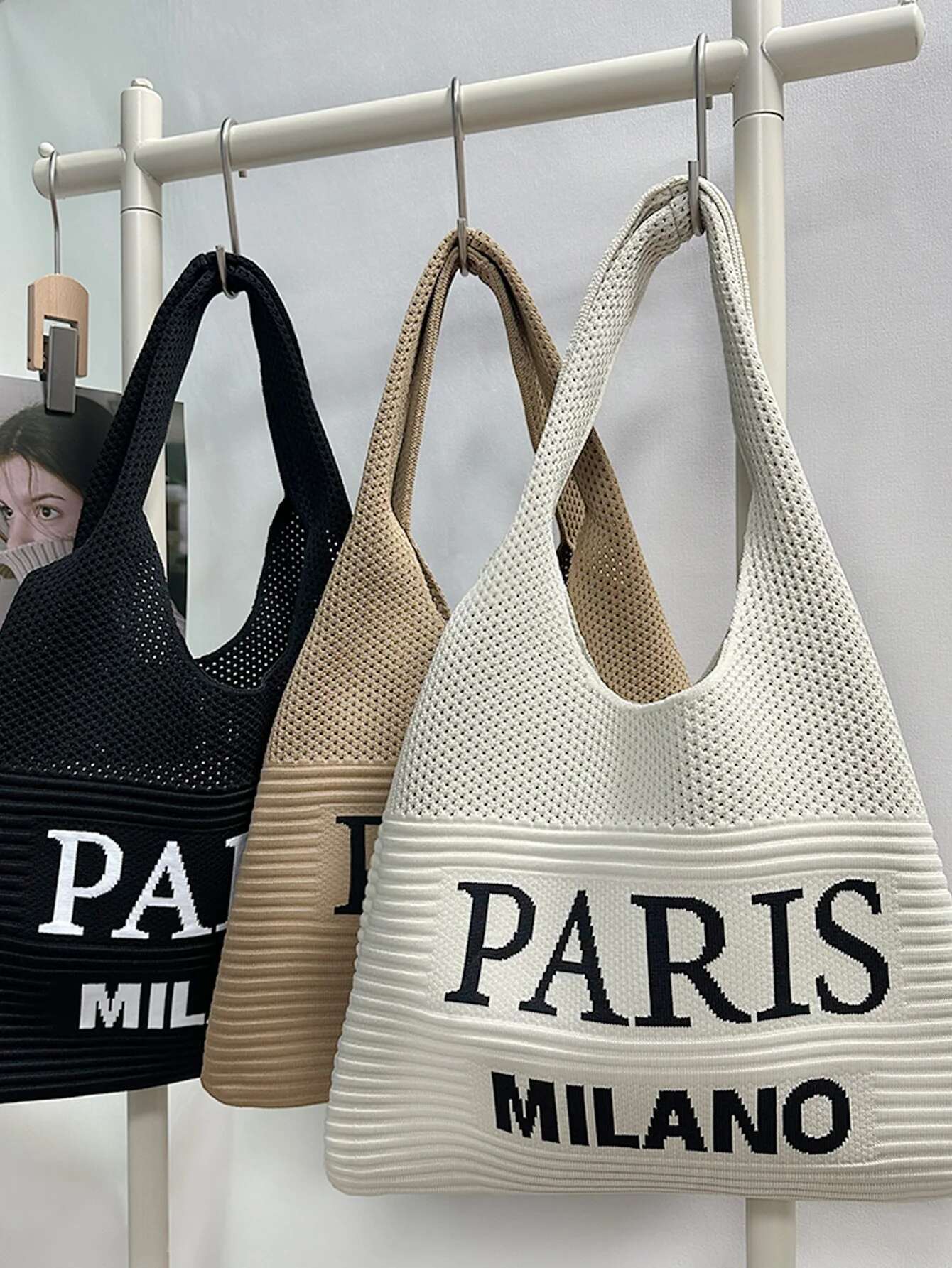 2025 new autumn and winter fashion designer women's one shoulder retro letter cut knitted handbag crochet fabric shopping5