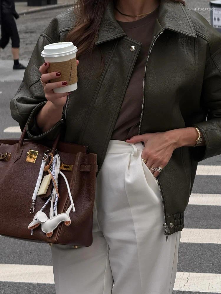 Women's Jackets Army Green Leather Pleated Jacket Vintage Casual Long Sleeved Elastic Waist Zipper Pocket Loose Wear Autumn Daily Coat 2025