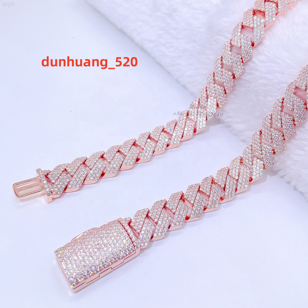 Hiphop Luxury Jewelry 15mm Width 3row Moissanite Diamond 20inches Cuban Chain Cuban Link Chain 925 Silver Cuban Chain Necklace