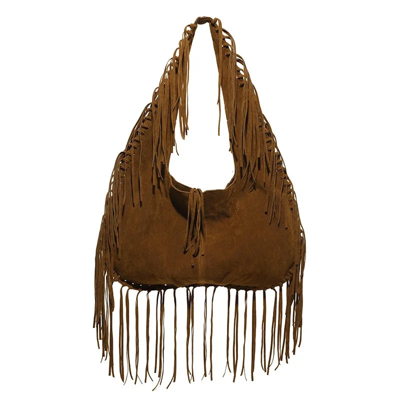 Tassel Large Capacity Ethnic Shoulder Bags Summer Vacation Womens Handbags Solid Color Faux Suede Bags for Women 251110