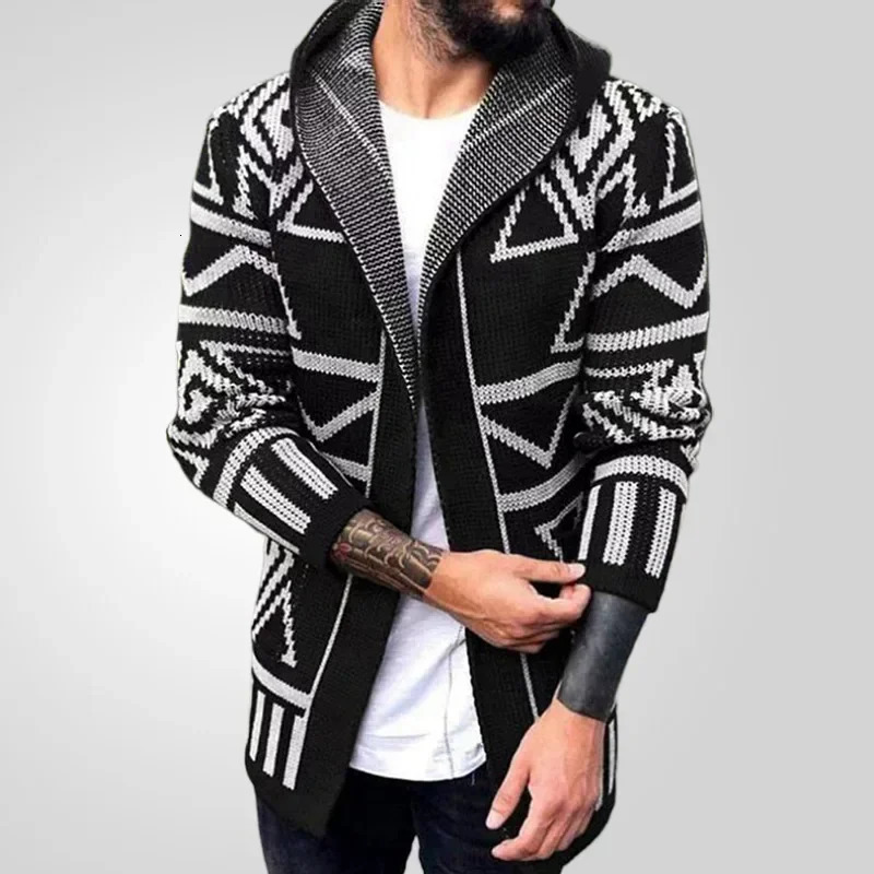 Men Cardigan Open Stitch Sweaters Mid Length Coat Hooded Full Sleeve Splice Knit Casual Regular Coats Autumn Winter 2024 251030