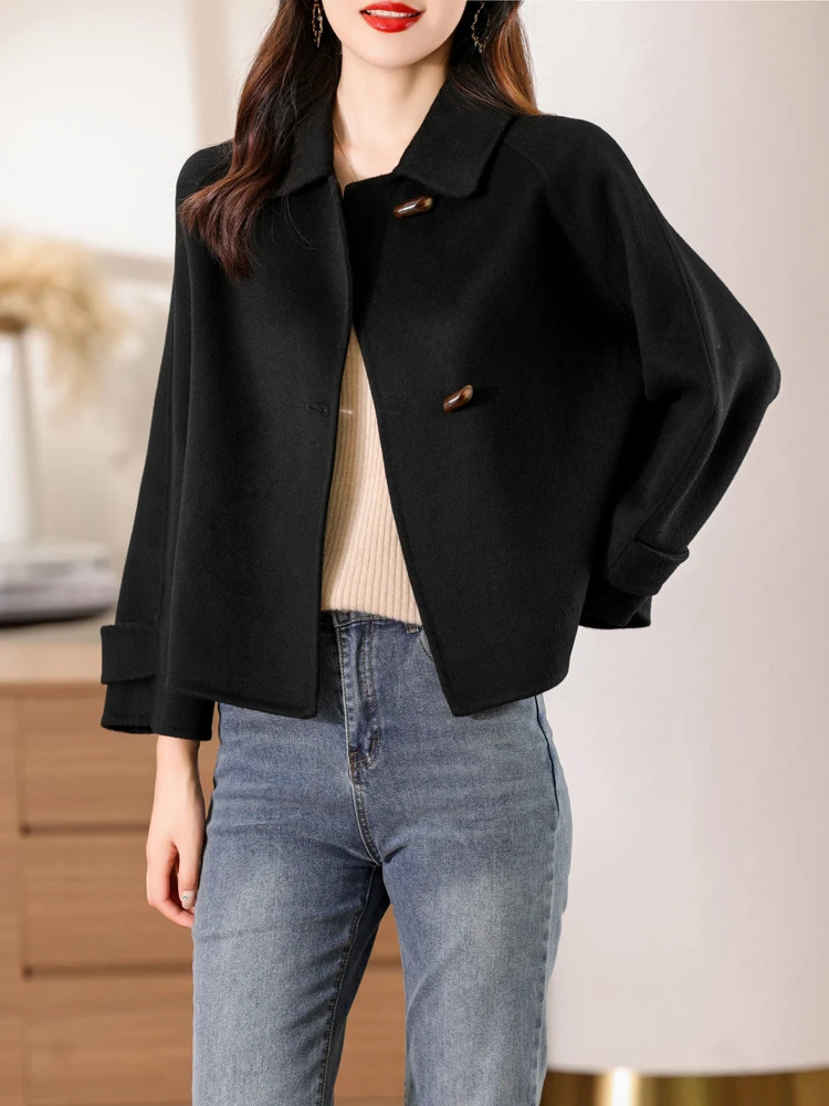 100 Merino Pure Wool Handmade DoubleSided Cloth Chic Coat Womens Short Oxhorn Button Heavy High Street Elegant Top 251104