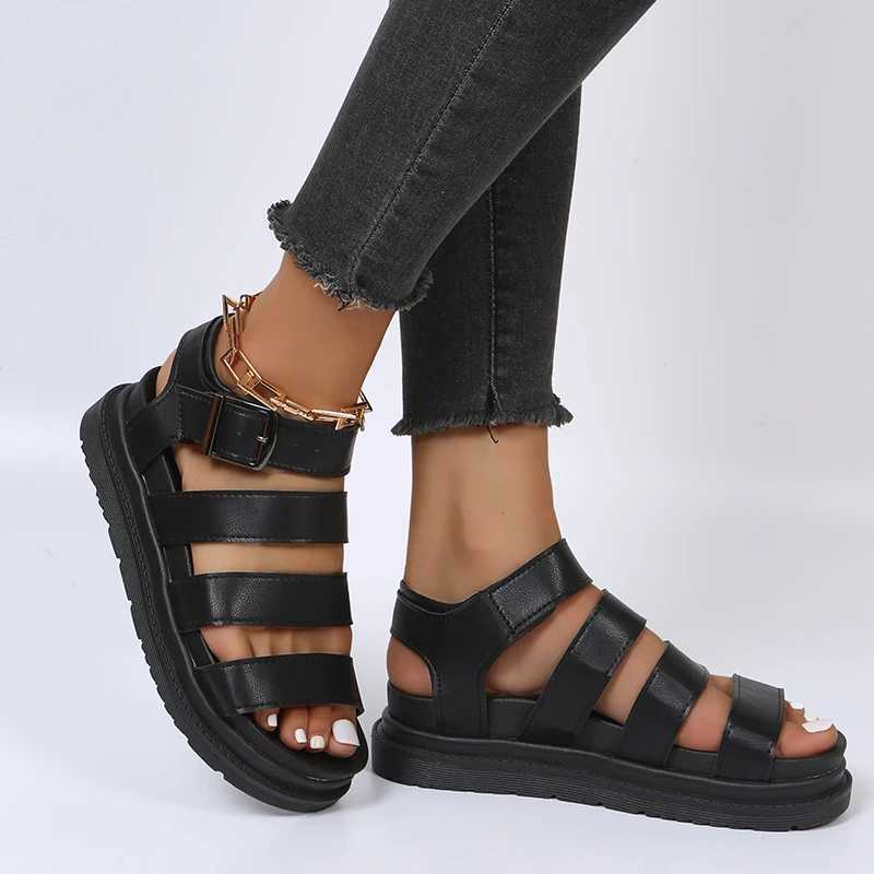 Black open plain wedge shoes for womens summer beach sandals sexy womens plus size PU leather sandals no print Sapato FemininoXJ250410