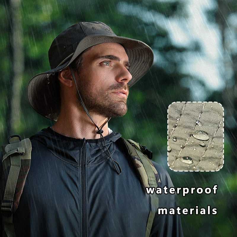 Men Bucket Hat Letter Embroidery Leather Label Cowboy Hat Waterproof Outdoor Hiking Fishing Cap Light 8cm Brim Anti-UV Sun HatC250411
