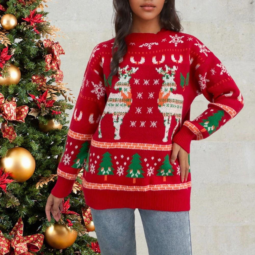YuooMuoo Chic Fashion Woman Christmas Style Knitted Tops Autumn Winter Long Sleeve Pullover Sweaters Lady Red Party Shirts 251106