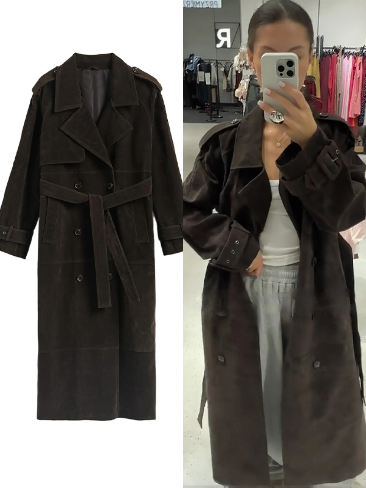 Suede Vintage Belts Long Jacket Women Double Breasted Loose Turn-down Collar Long Sleeve Autumn Coat Street Female Outwear 251106