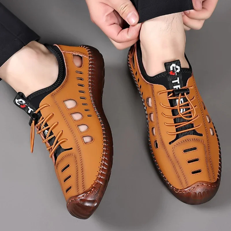Mens Sandals Fashion Pu Leather Beach Slippers Summer Breathable Sandals Mens Outdoor Non slip Mens Casual Shoes 250408