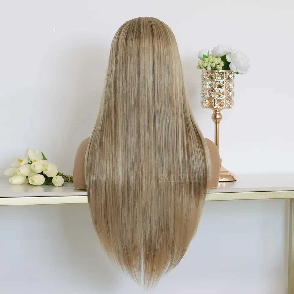 Highlight Brown 13x4 Lace Front Wig Synthetic Lace Wigs for Women Ombre Brown Mixed Blonde Glueless Heat Resistant Fiber HairT251111