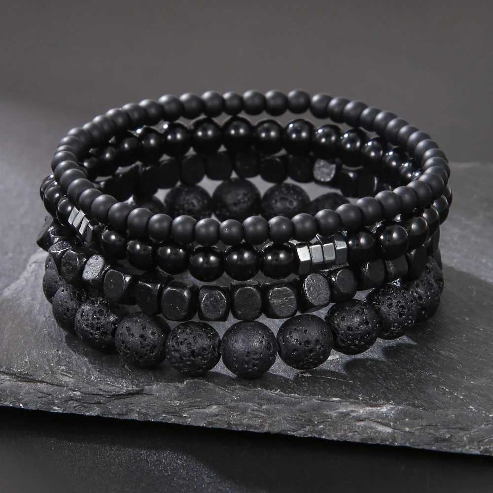 4Pcs/Set Black Gall Stone Volcanic Stone Wood Beads Multi-layer Mens Combination Elastic Bracelet For Couple Friends JewelryC250410