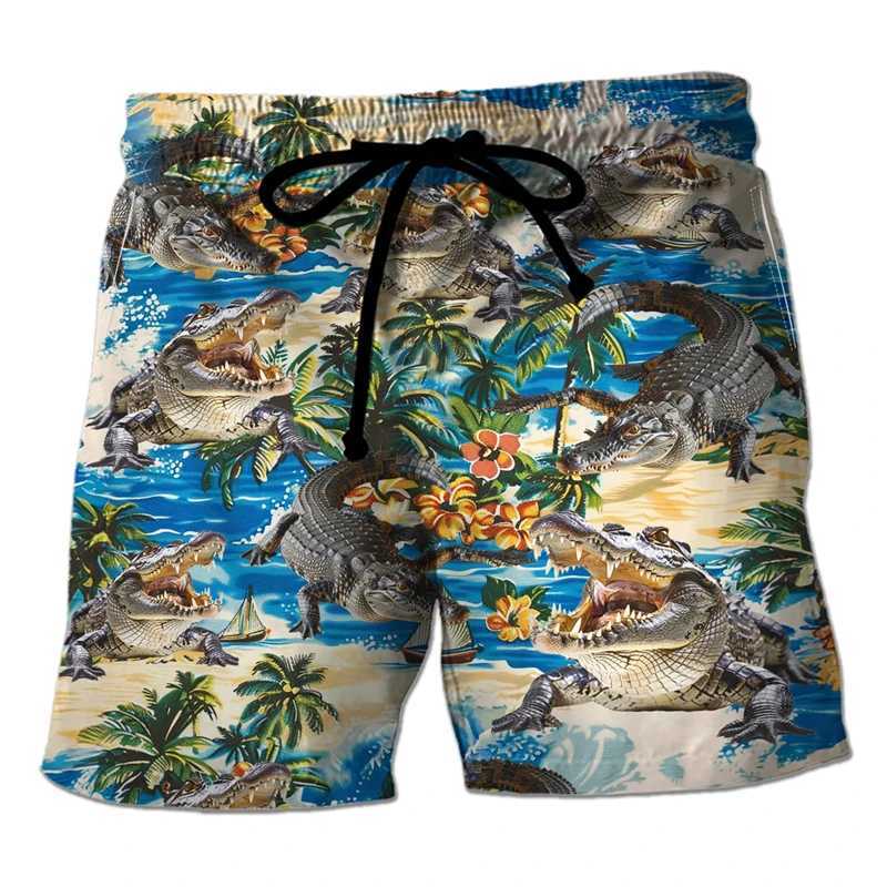 Trend Crocodile Graphic Beach Shorts Fashion Summer Vacation 3D Animals Printed Swim Trunks Casual Oversized Street BoardshortsW250410