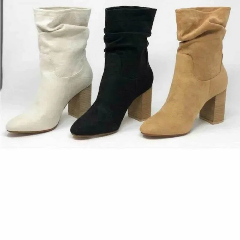 High Heel Ankle Boots Women Fashion Suede Boots Thick Heel Ladies Shoes Slip on Short Boots for Woman Shoes Drop Ship Plus Size 251110