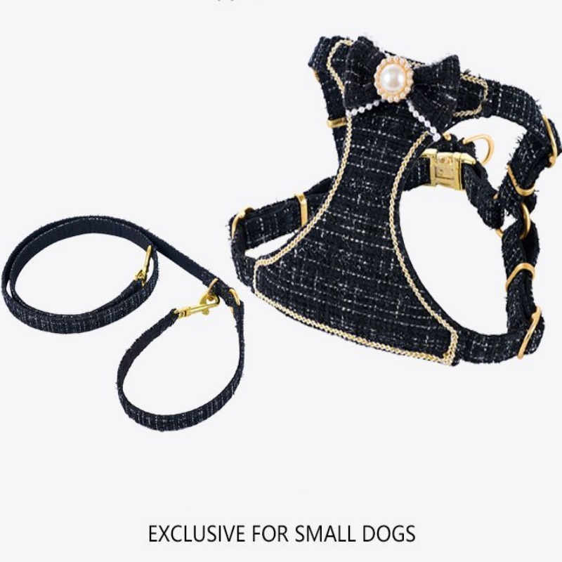 Fashion Tweed Dog Harness and Leash Set, Small Dog Exclusive, Pearl Bow & Gold Accents, Adjustable Neck & Chest Girth, Durable Hardware, Stylish Walki