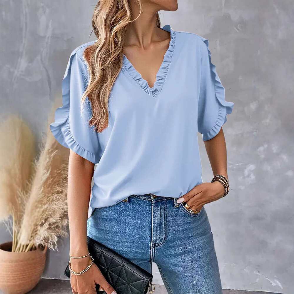 2025 Independent Station Wish Amazon Hot Item Summer Simple Solid Color Short Sleeve Ruffle V-Neck Shirt Top For Women a63b