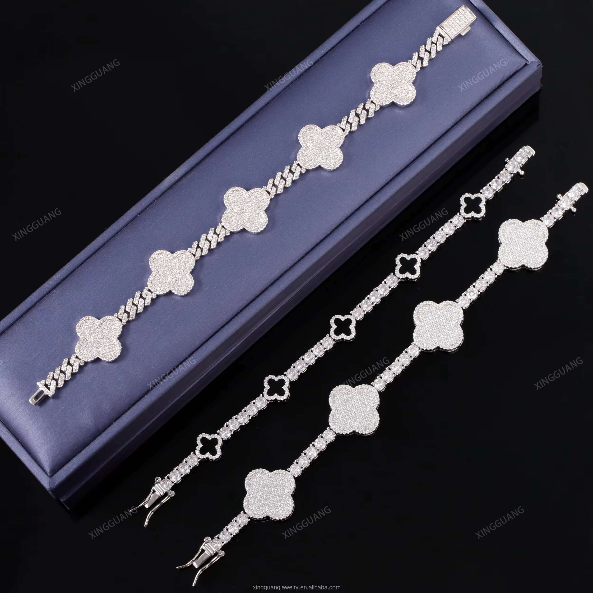 XingGuang Hiphop Cuban Bracelet 925 Sterling Silver VVS Moissanite Diamond Four Leaf Clover Tennis Bracelet 3mm 4mm Tennis Chain