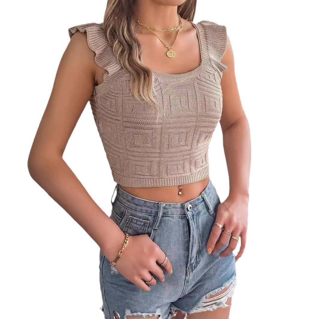 2025 Designer Summer Square Neck Vest Women's Mushroom Edge Sleeveless Knitted Shirt Sexy White Three Dimensional Pattern Strap Top Versatile Wom