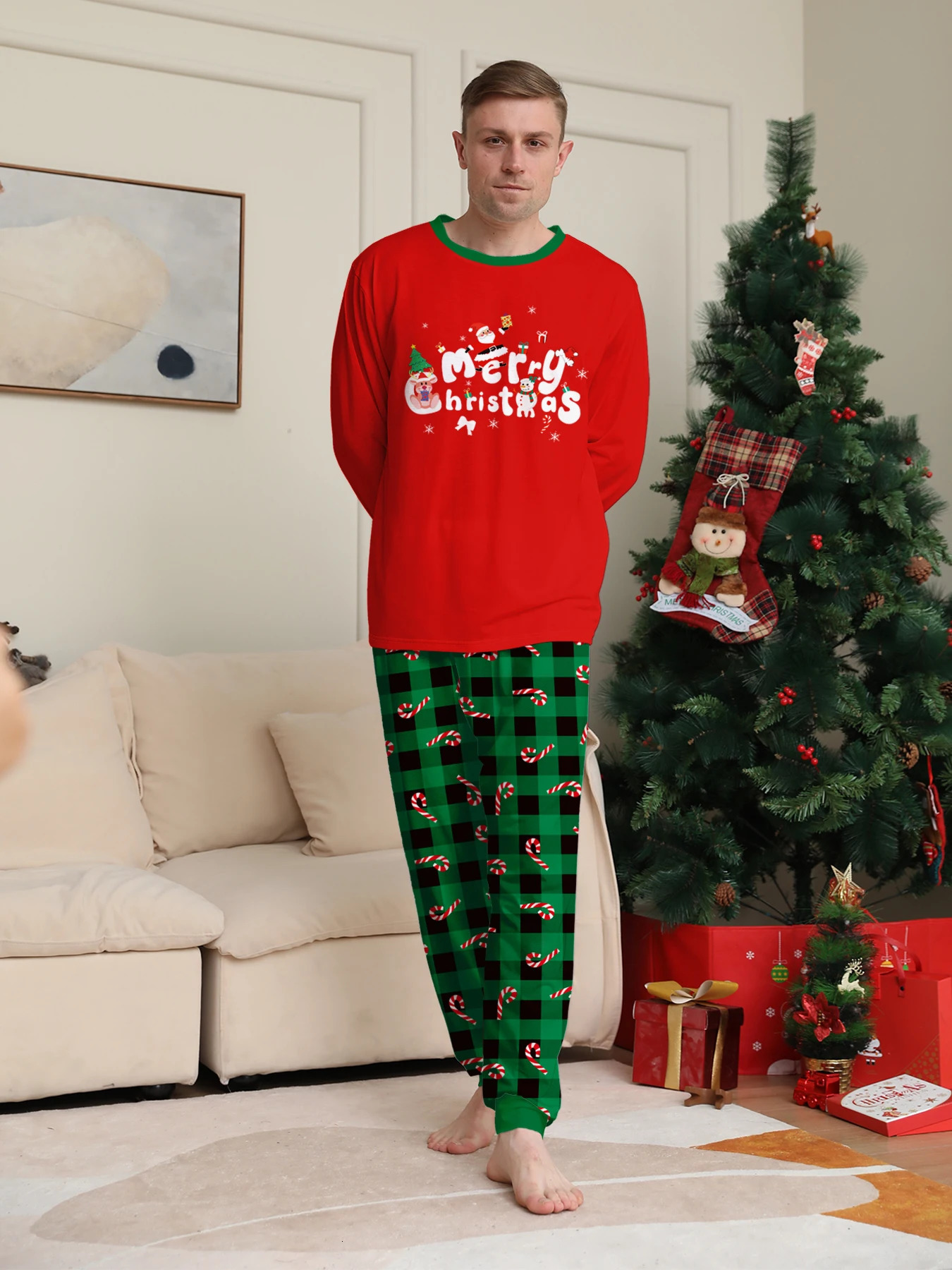 Christmas Couples Sleepwear Set Merry Christmas Graphic Green Black Plaid Candy Cane Pajamas 251106