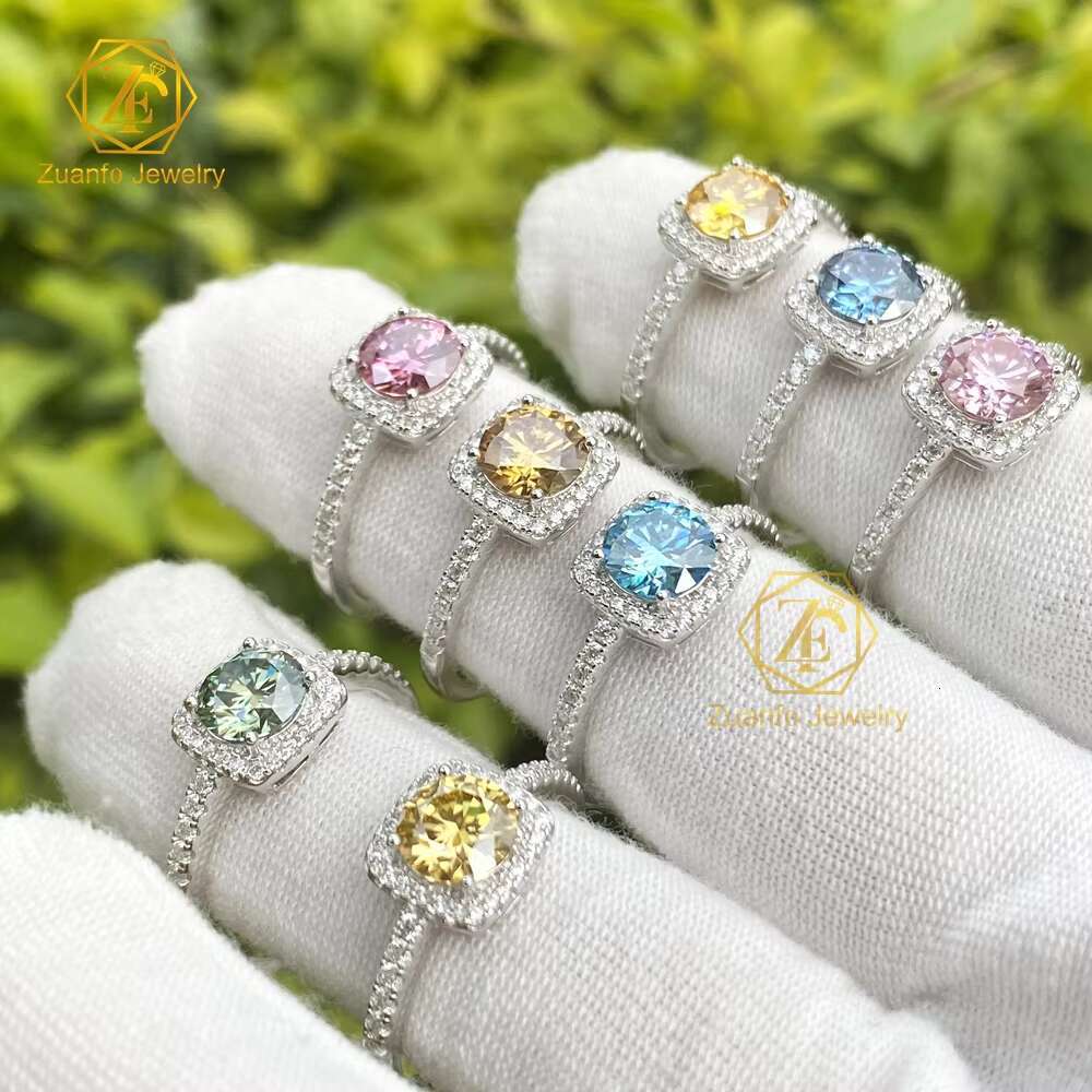 925 Silver Fashion Jewelry Colorful Round Moissanite Ring in Yellow Pink Blue for Parties and Engagement for Women