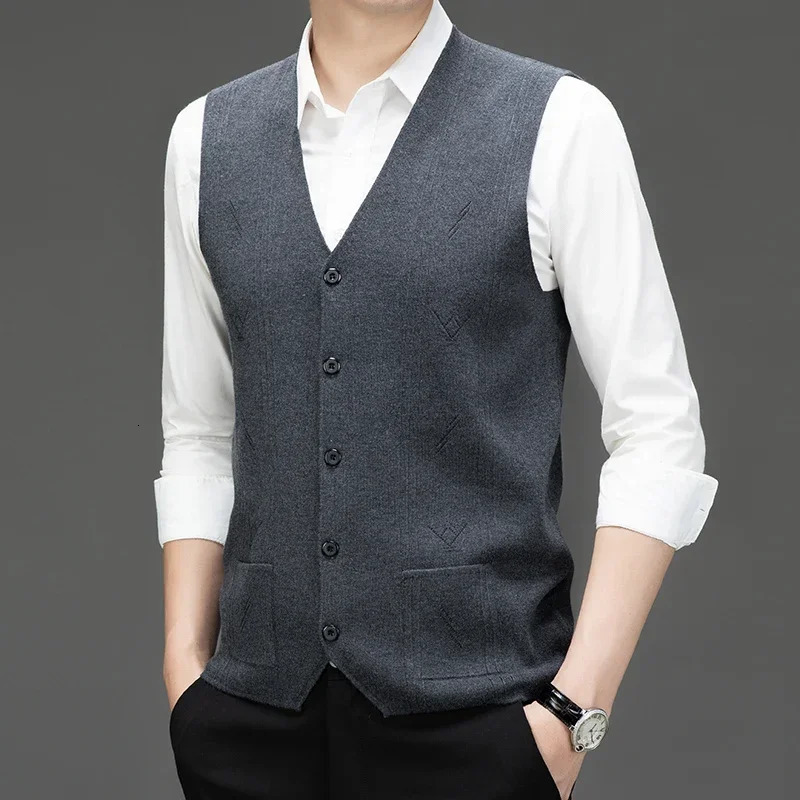 Warm Knit Vest Button Fashion Vneck Sleeveless Sweater Autumn Top Thick Mens Western Casual Suit Business Clothes 251104