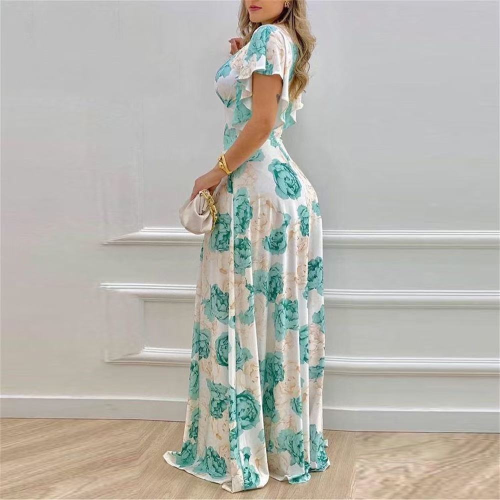B48Women's Plus Size V-Neck Long Skirt with Print - Stylish Swing Dress