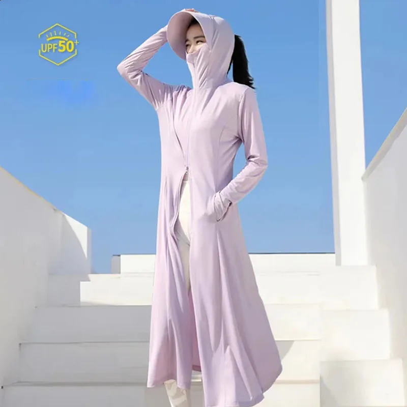 Xpqbb Summer Sunscreen Long Coat Women Breathable Anti-UV Outdoor Sun Protection Clothing Casual Simple Solid Ice Silk Outwaer 250411