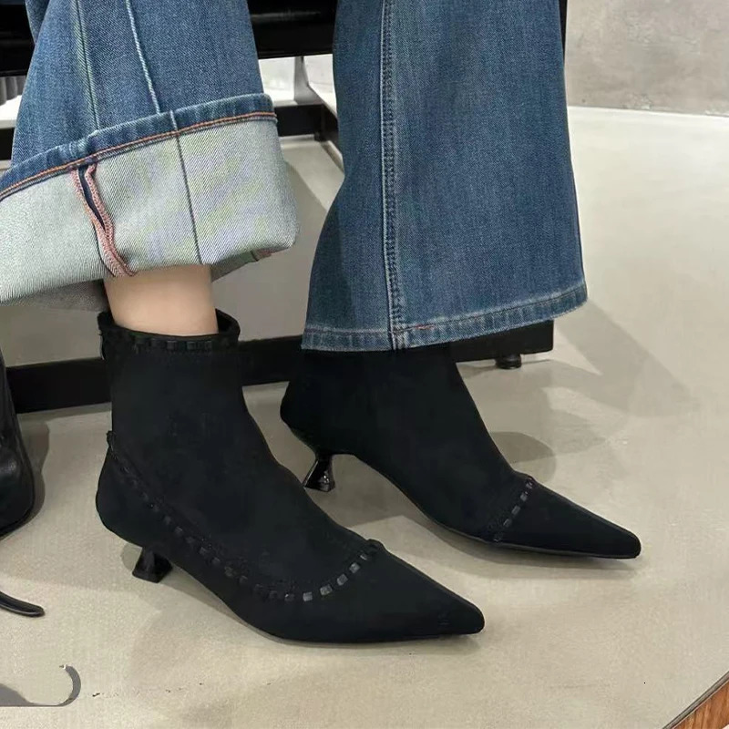 Pointed Toe Womens Ankle Boots Suede Mid Heels Shoes Fashion Dress Winter Boots er Short Botas De Mujer 251110