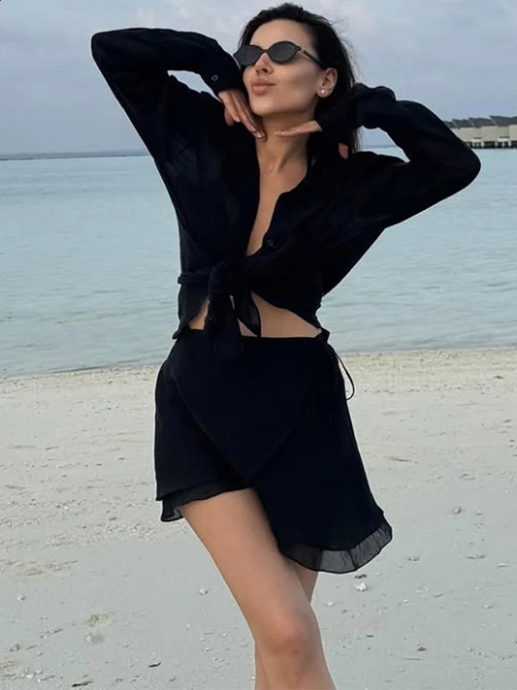 Trendix Vacation Beach Cover Up Sets Women Long Sleeve Loose Blouse And Holiday Casual Party Fashion Mini Skirts 2 Piece Suits 250409