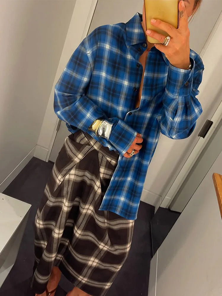 Women Checked Midi Skirt Fashion Casual Pleated Irregular High Waist Slim Mid-length Bottom Lady Daily Commute Street Skirts 251105