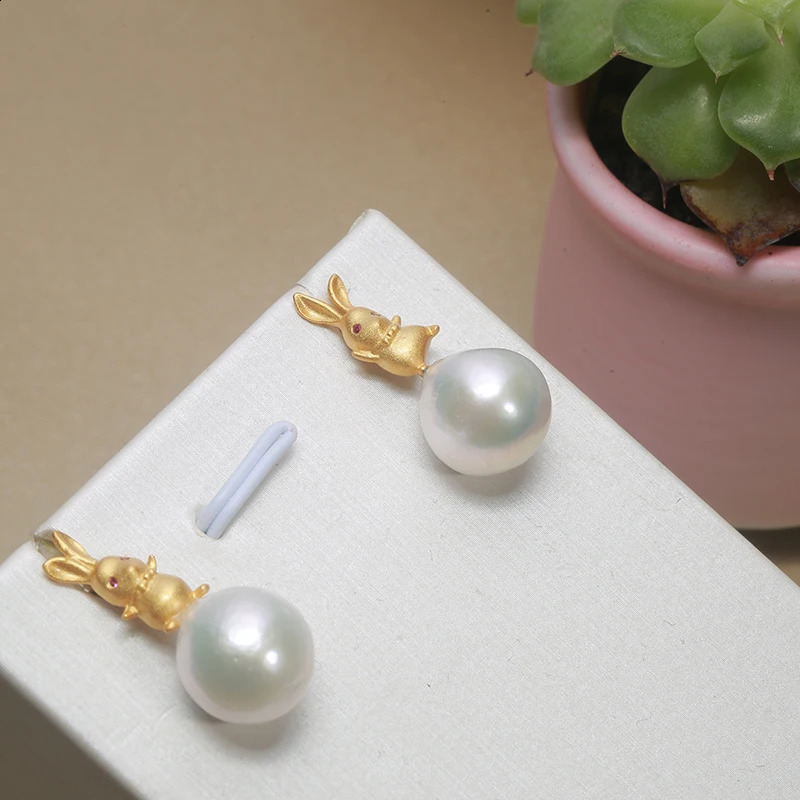 Handmade 100% Natural Fresh Water Drop Baroque Pearl Earrings 12-15mm Cute Golden Rabbit 925 Pure Silver Year Gift Earrings 250409