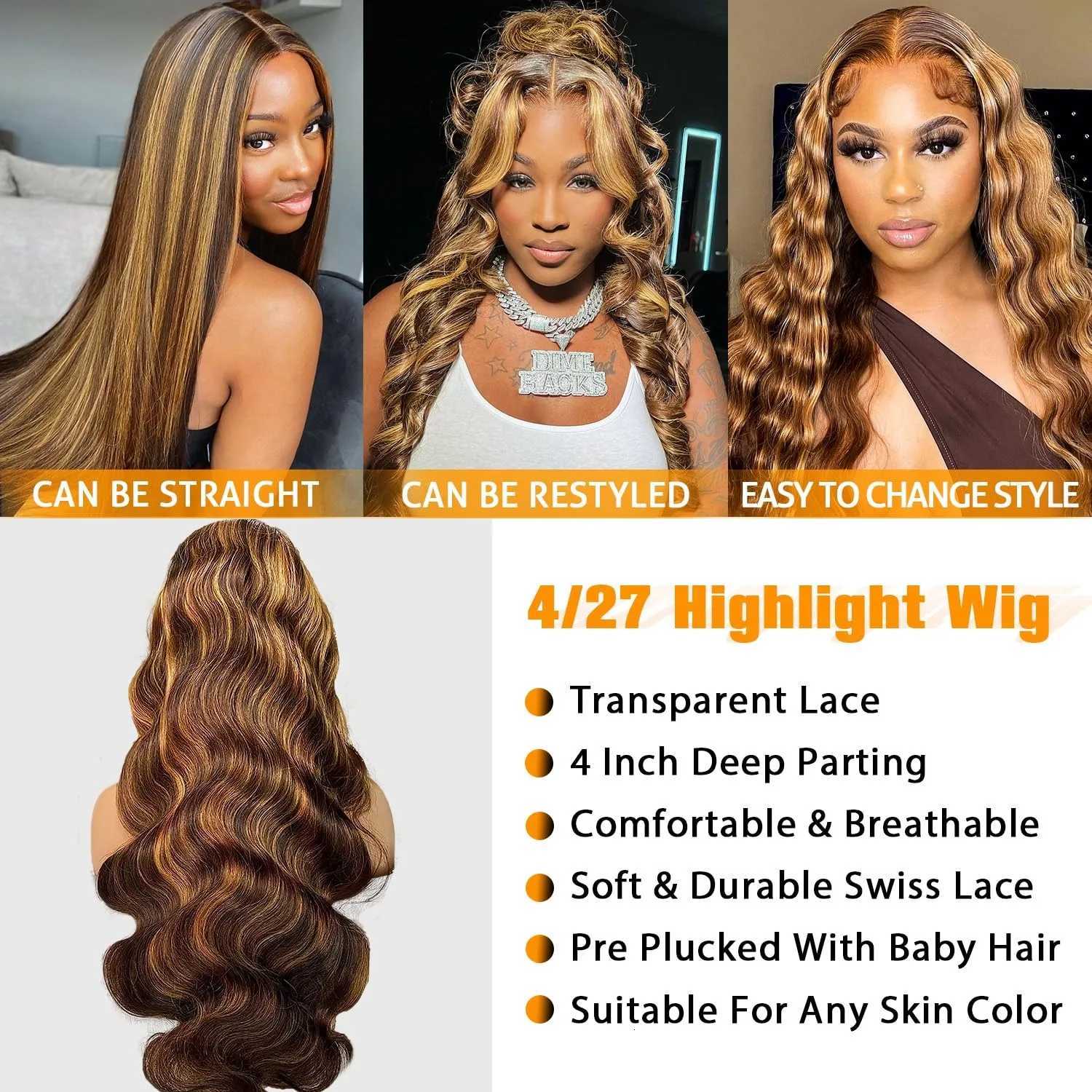 30 Inch Honey Blonde Ombre 13X4 HD Lace Front Wig Human Hair Highlight Body Wave Lace Frontal Wigs Pre Plucked 4/27 ColoredT251111