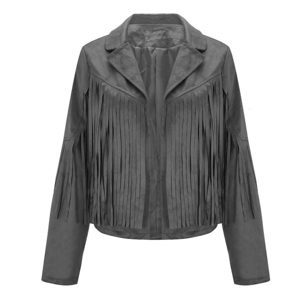 Women Faux Suede Leather Tassel Jackets - Vintage Lapel Open Front Cowboy Style Long Sleeve Tassels Cardigan Coat Tops 2024