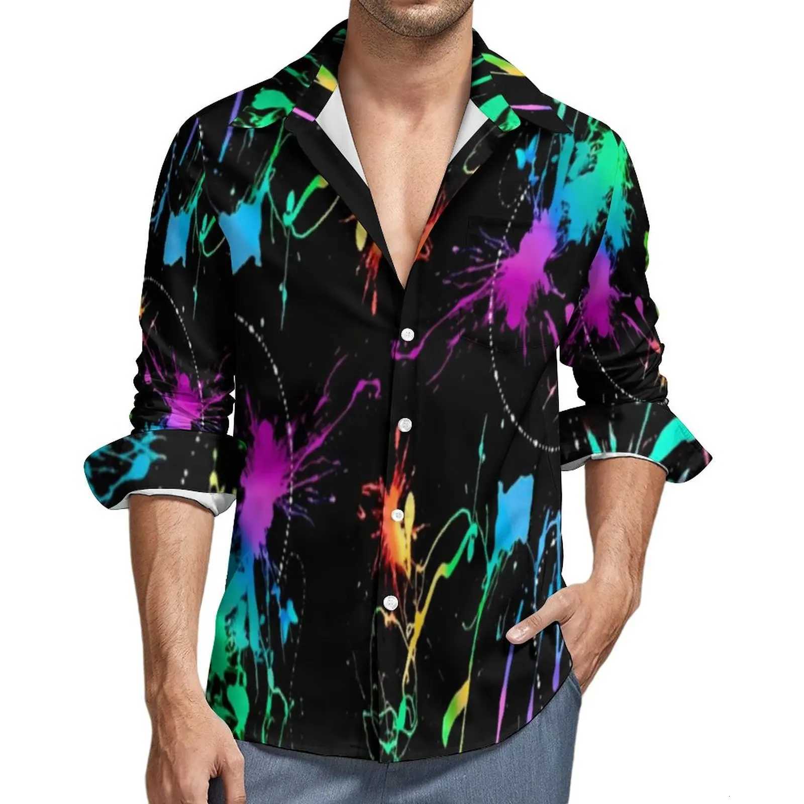 Novel Colorful Neon Painted Man Shirt Fashion Splashed Ink Printed Pattern Long Sleeve Shirt Casual Lapel Long Sleeve Tops 2024 K251110