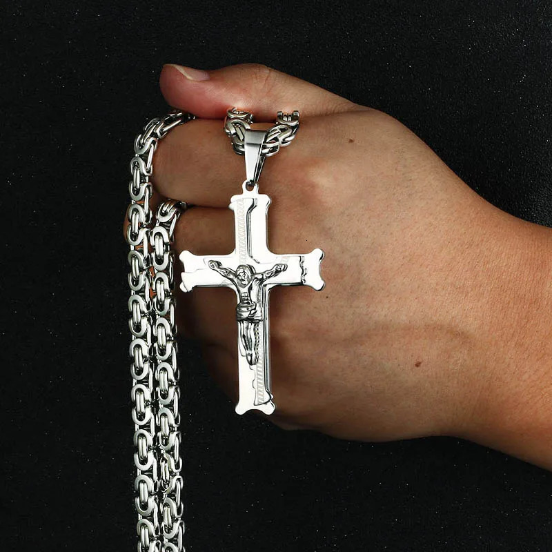 Stainless Steel Crucifix Jesus Byzantine Link Chain Necklace Fish Bone Pattern Cross Pendant Necklace Catholic Jewelry Men Gift 251110