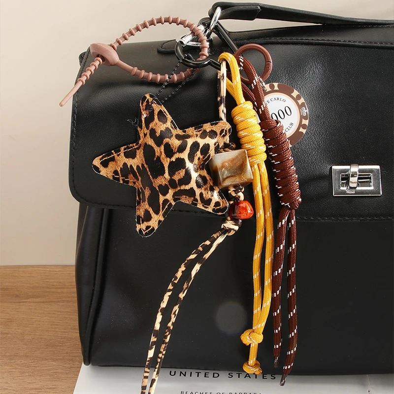 Leather Starfish Bag Charm Cute Leopard Bear Rainbow Decorative Keychain Decoration Fashion Braided Rope Bag Accessorie 251110