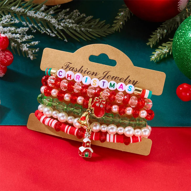 Christmas MultiLayer Colorful Beaded Bracelet For Women Santa Claus Snowman Reindeer Snowflake Polymer Clay Bangle Jewelry 251103