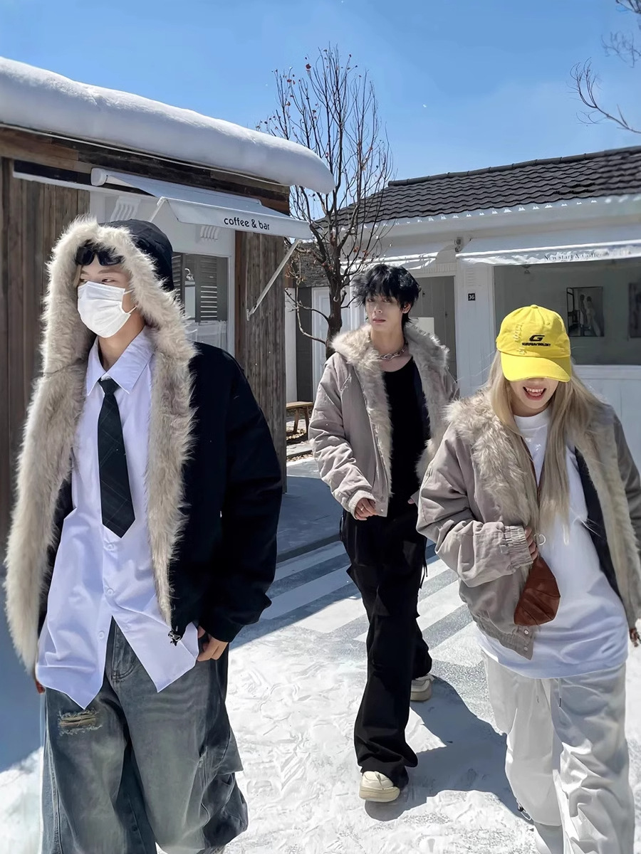 Men's Faux Fur Zip Jacket Y2k Collar High Quality Fashion Design Pullover Harajuku Casual American Warm Thicken Cardigan Coat Parkas