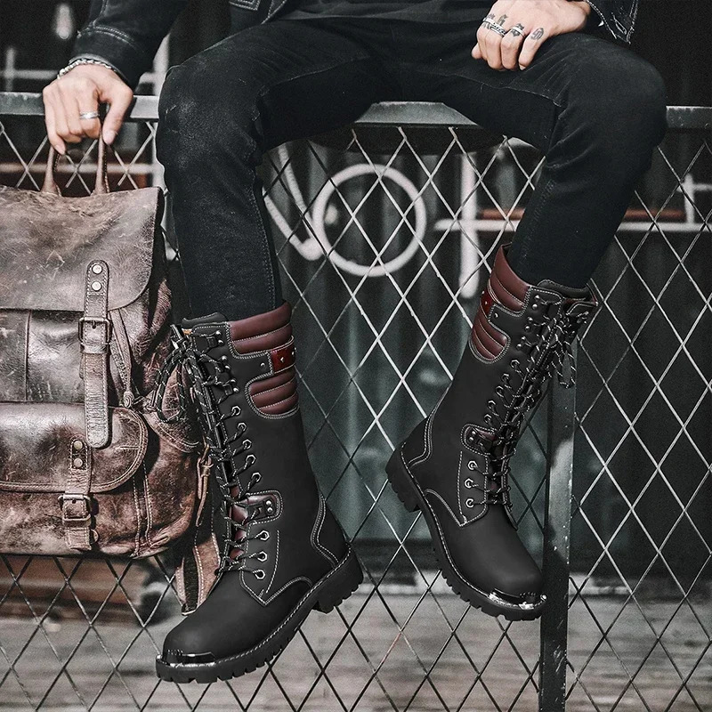 Winter High Heel Men Boots Casual Fashion Punk Motorcycle Boots Lace-up Leather Biker Solid Boot Military Men Shoes 251106
