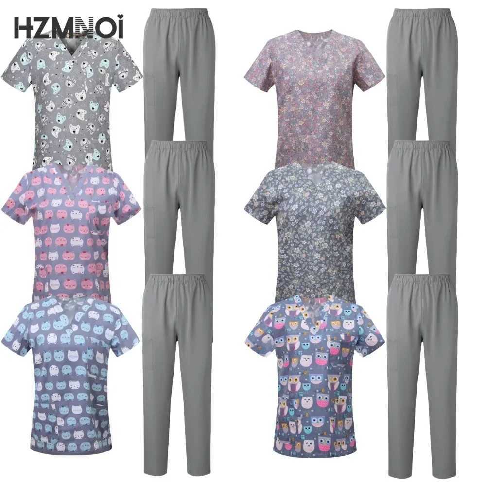 Surgical Uniforms Woman Printing Blouse Pockets Pants Medical Scrub Set Beauty Sn Workwear Clinical Scrubs Top+Pants Spa Suit X250410