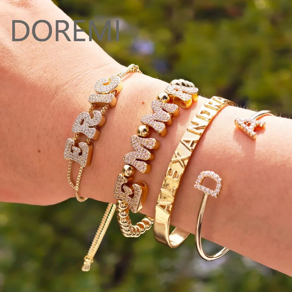 Double layer CZ personalized initial letter customized jewelry 18k gold-plated diamond bracelet fat bubble name bracelet 250408