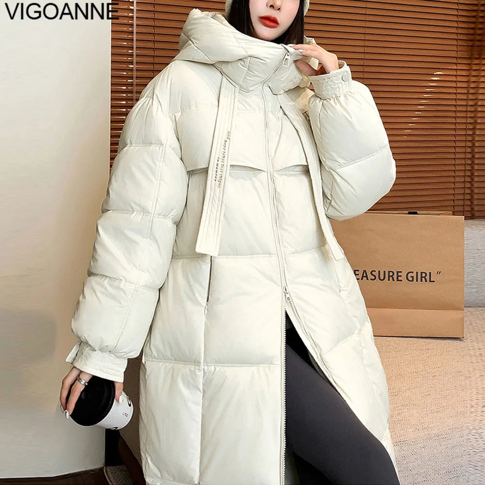 VigoAnne 2025 Loose Solid Hooded Down Long Coat Women Zipper Long Sleeve Pocket Winter Korean Jacket Lady Thick Warm Outwear 251107