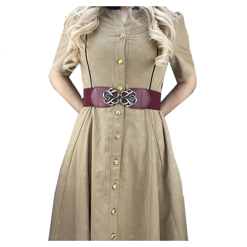 Women Vintage Leather Belt for Dress Elastic Stretched Band Brass Retro Buckle Lady Belt 251110