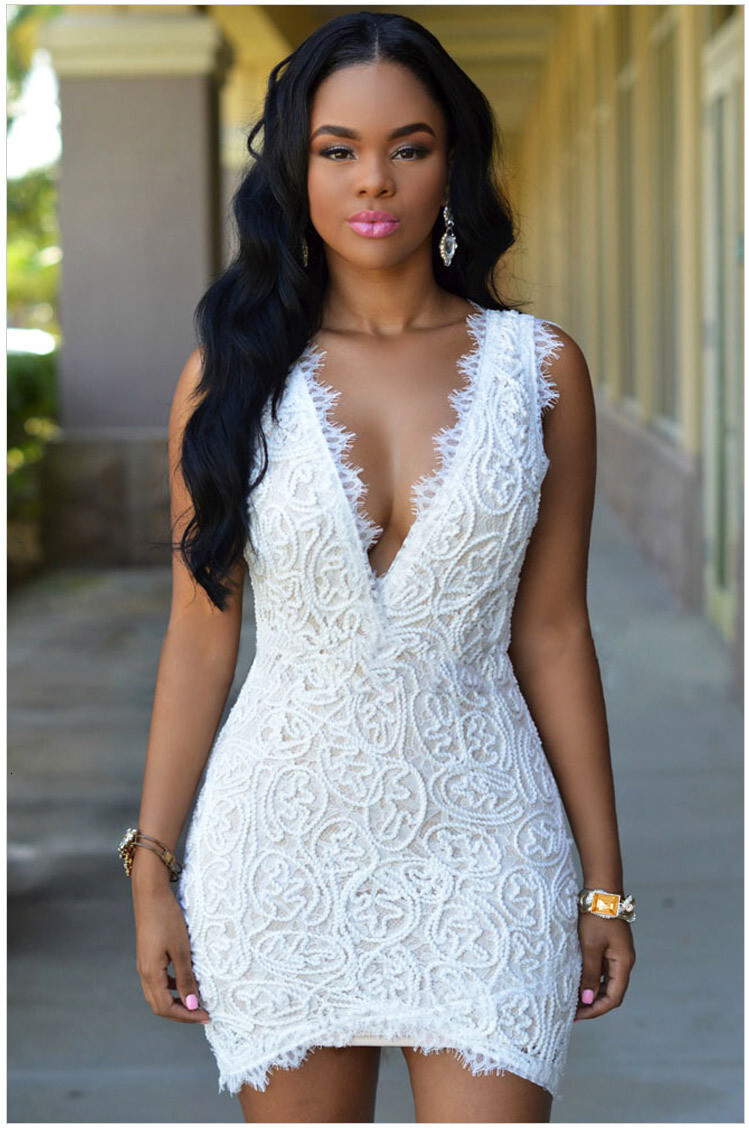 New Hooked Lace Sleeveless V-Neck Wrapped Hip Sexy Dress for Women
