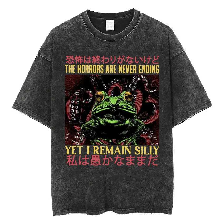 Terror will never end but I still have silly T-shirts with fun Japanese style frog retro wash T-shirts for mens oversized T-shirts M250411