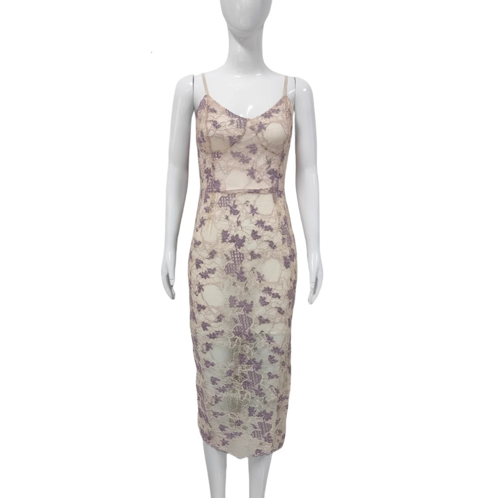 Hot selling French heavy industry with lace floral cutouts, pure desire style, mid length, back slit dress
