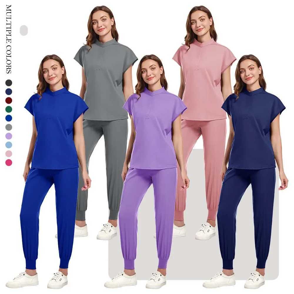 Plus Size Scrubs Set Women Medical Nurse Uniforms Stand Neck V-cut Scrub Top Jogger Pants Vet Doctor Healthcare Workers Workwear X250410